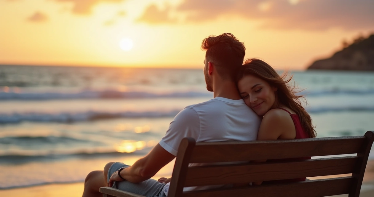 Namorados juntos em um banco perto da praia 