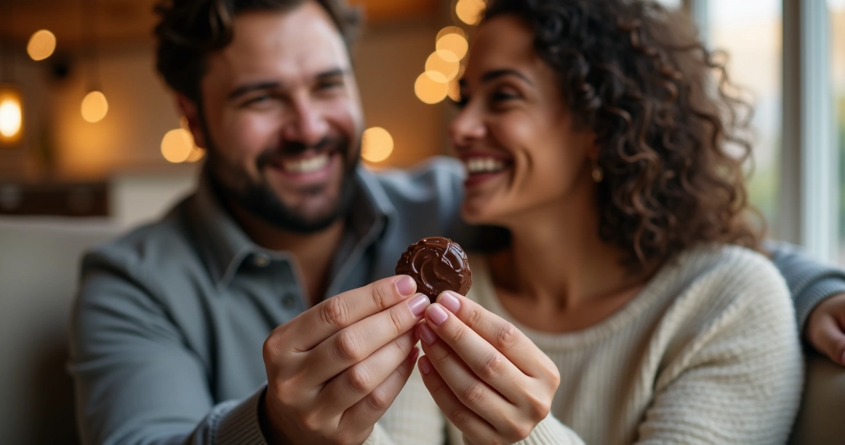 Casal saboreando chocolates juntos com expressão de felicidade 