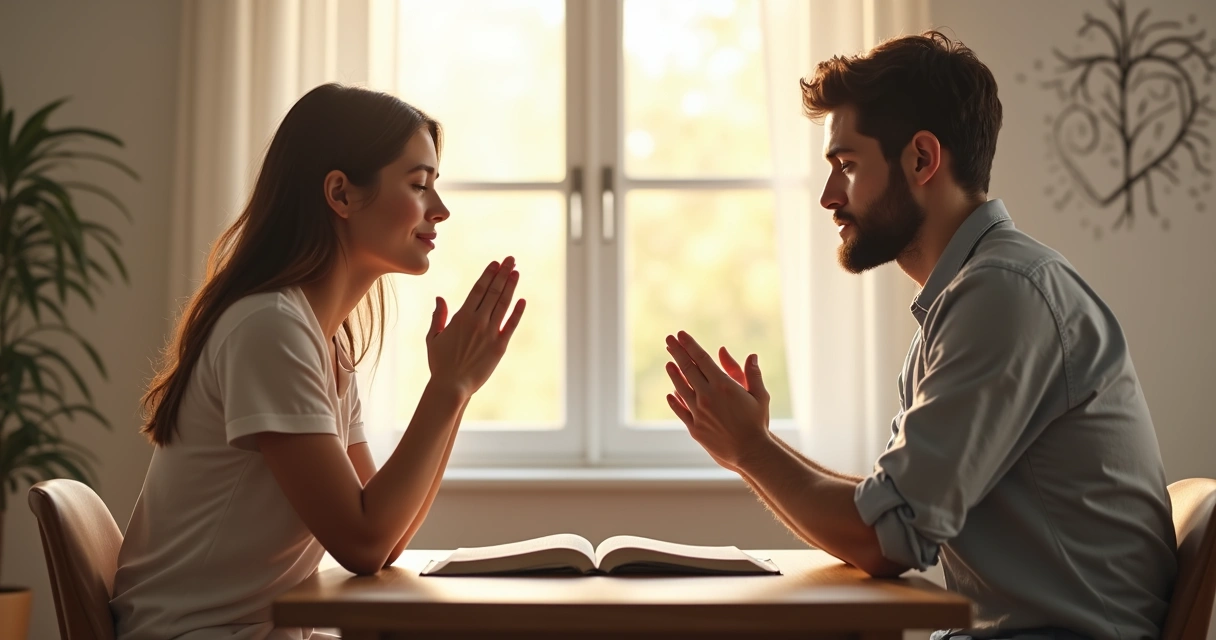 Casal cristão orando juntos com ilustrações de cérebro e coração ao fundo 
