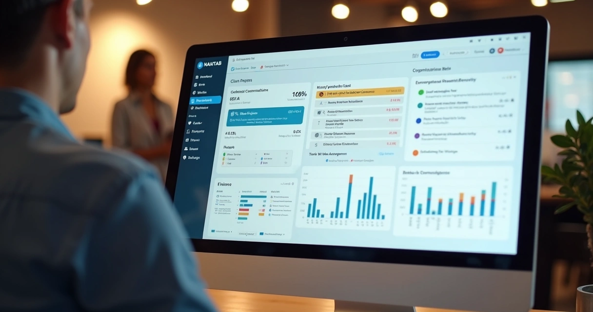 Tela do software NAMTAB mostrando integração entre áreas da agência 