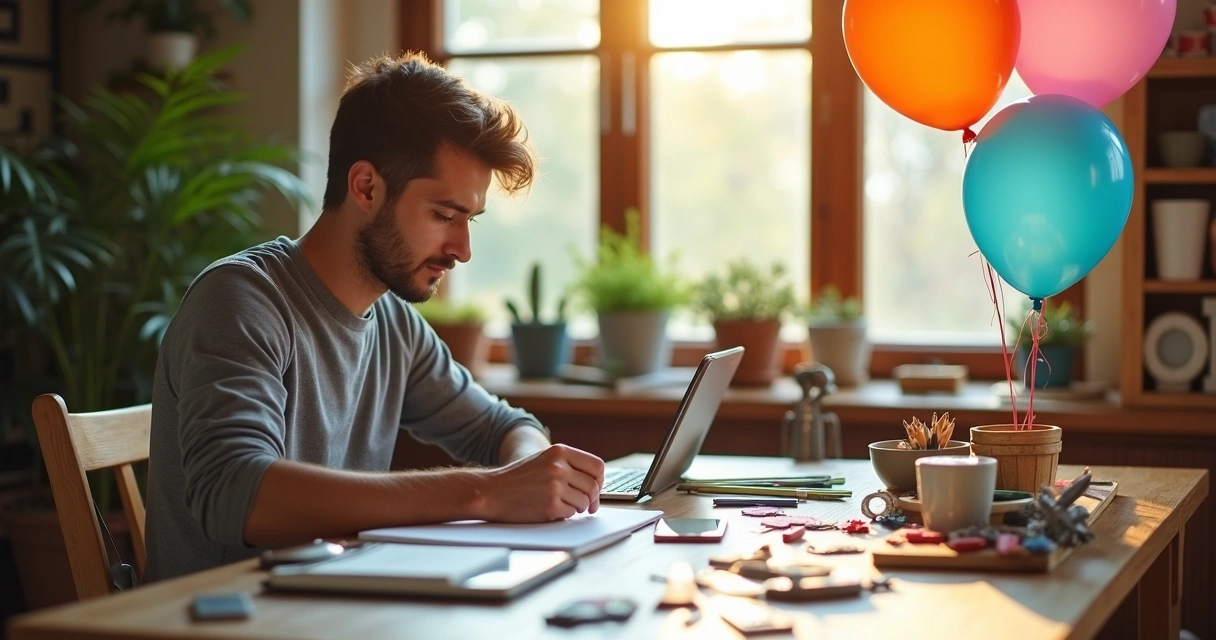 Homem jovem trabalhando com ferramentas de costura e cadernos sobre uma mesa