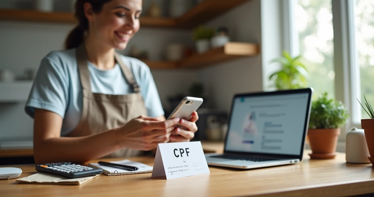 Profissional autônomo em bancada simples usando celular ao lado de cartão com número de CPF 