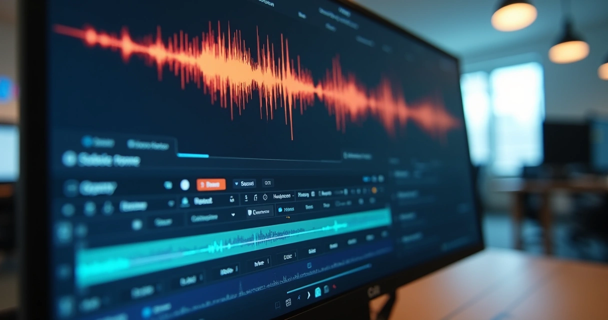 Computador exibindo gráfico de onda sonora, narração IA em destaque 