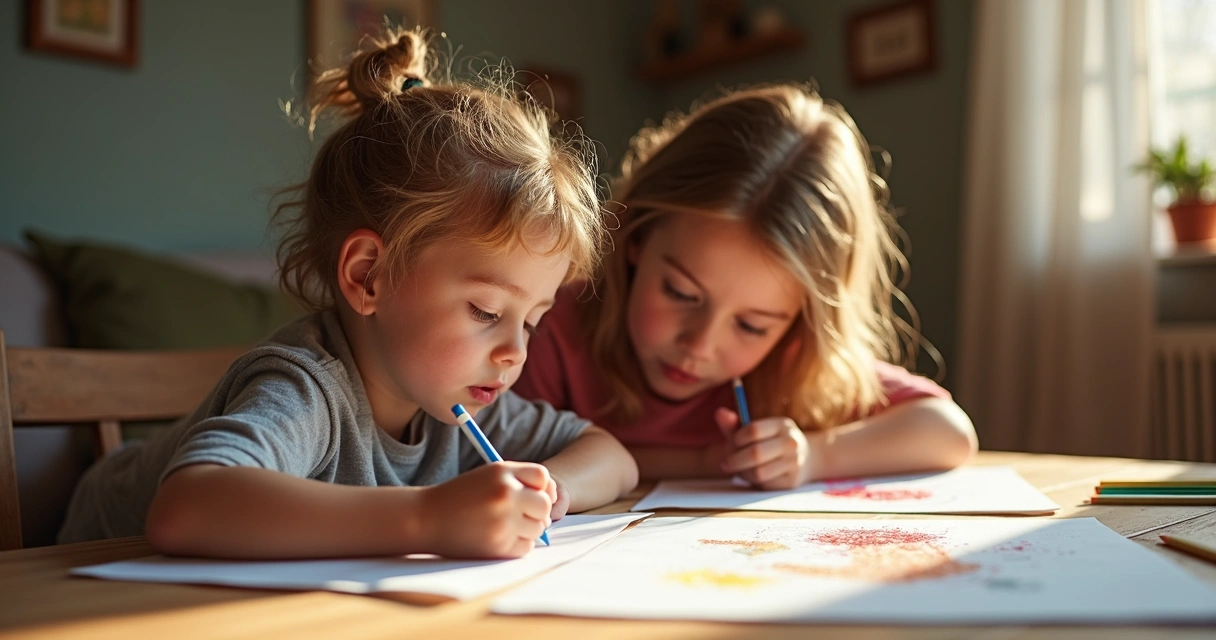 Criança e adulto desenhando juntos enquanto conversam sobre sentimentos 