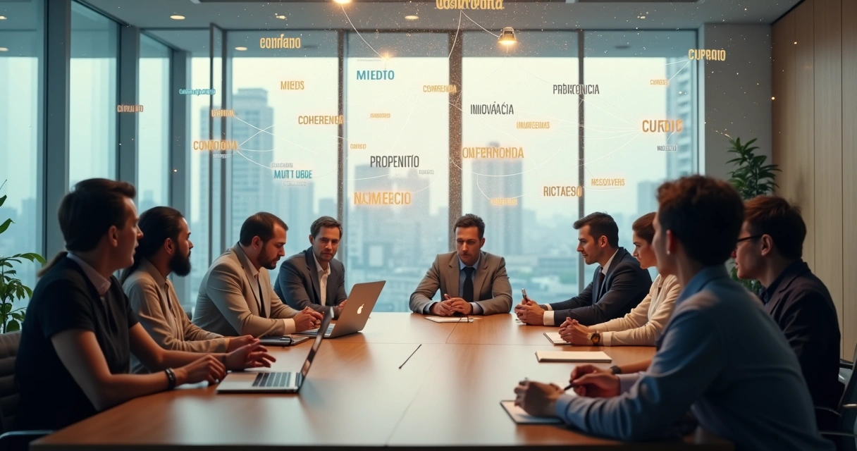 Equipo en sala de reuniones rodeado de palabras conectadas en el aire 