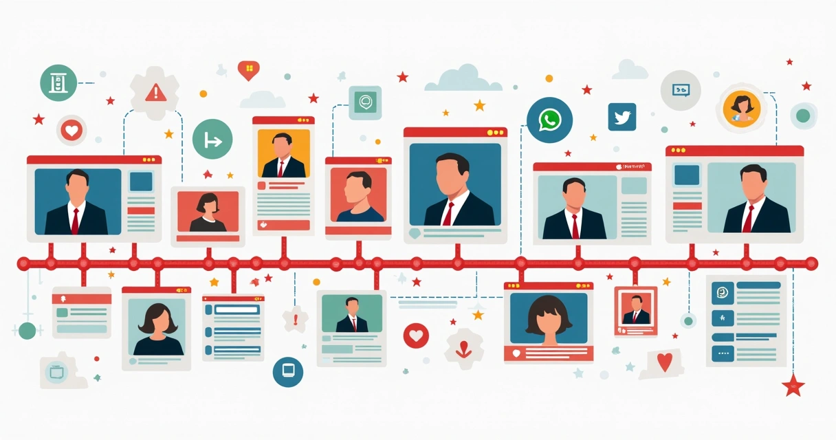 Timeline de publicações mostrando narrativa política em redes sociais 