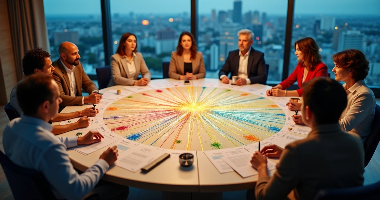 Grupo diverso conectado por hilos de colores que simbolizan narrativas culturales compartidas 