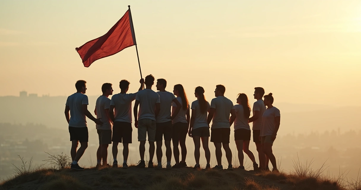 Grupo levantando una bandera juntos tras superar una dificultad. 