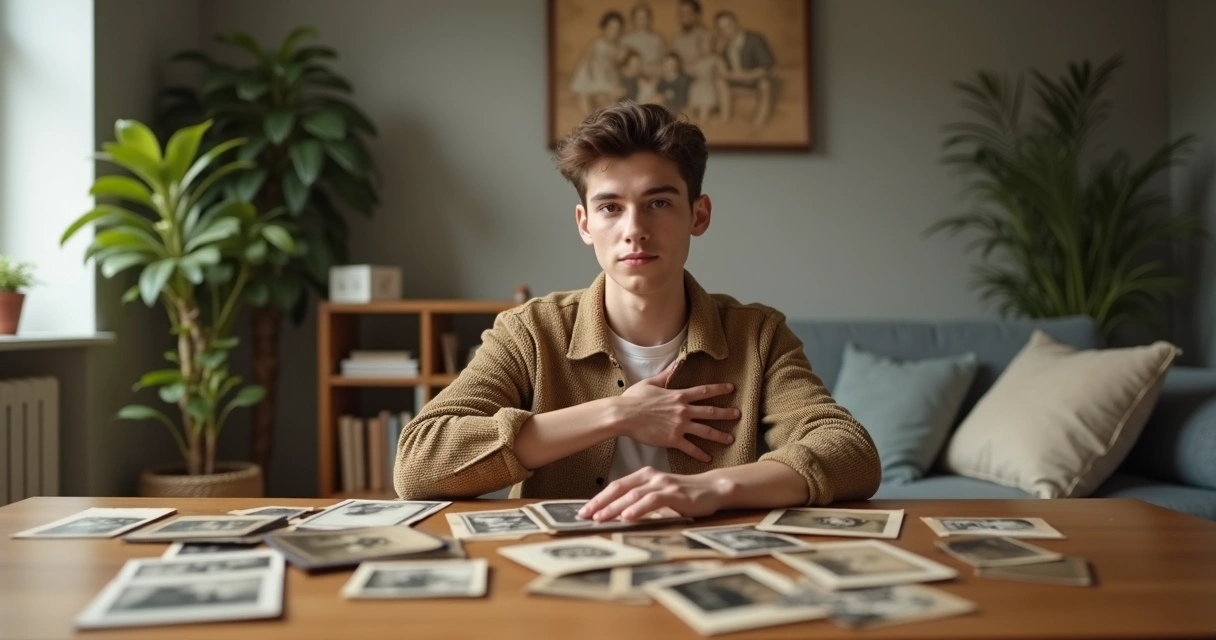 Adulto pensativo rodeado de fotos familiares antiguas 