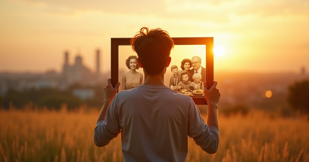 Persona adulta sosteniendo marco con fotos familiares sobre fondo de paisaje difuminado 