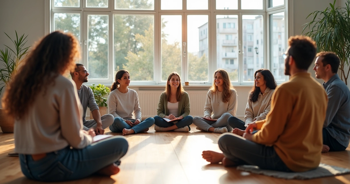 Grupo em círculo com silhuetas transparentes refletindo pensamentos coloridos 