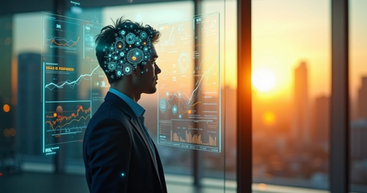 Directiva observando silueta con engranajes y frases frente a ciudad corporativa 