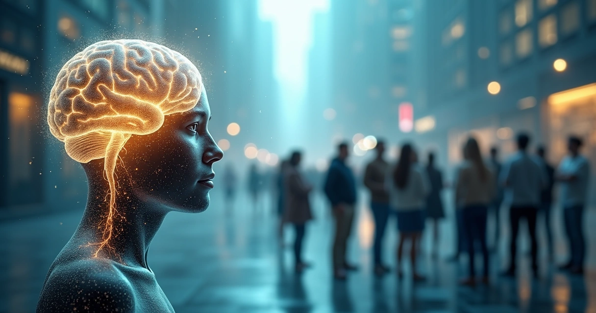 Grupo diverso de pessoas conectadas por fios de luz saindo de uma cabeça humana transparente 