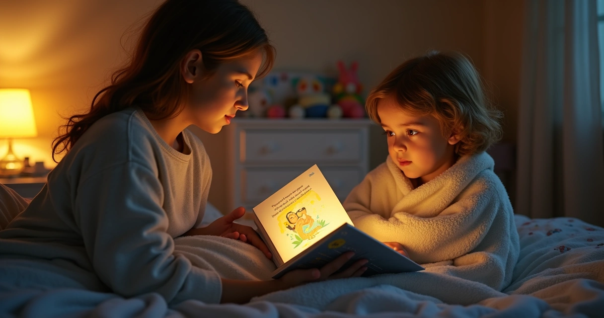 Pai lendo história para filho em quarto aconchegante à noite 