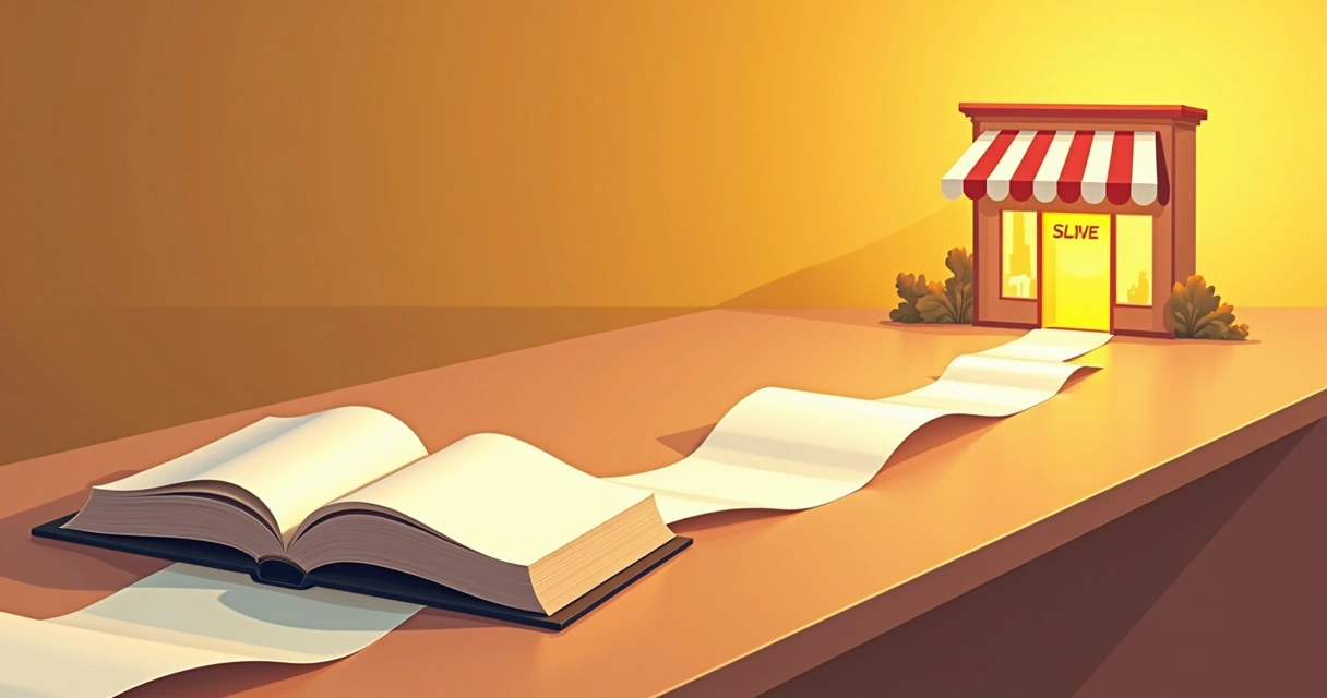 Livros abertos sobre mesa de madeira, páginas formando um caminho, luz amarela suave 