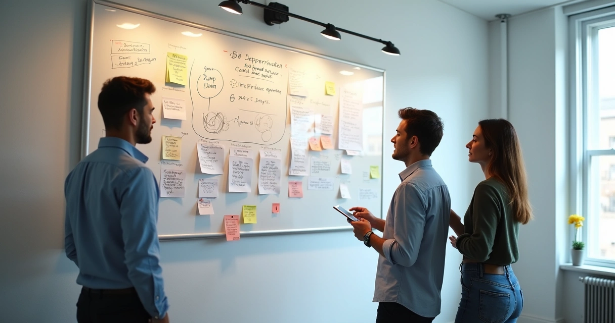 Quadro branco na parede com rabiscos e datas antigas, pessoas em pé olhando curiosamente para as anotações 