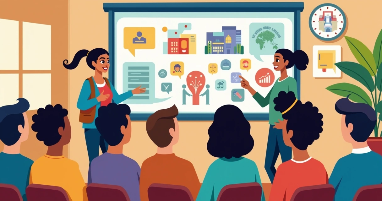 Ilustração de várias pessoas reunidas ouvindo com atenção uma apresentação com imagens e histórias em painel luminoso 