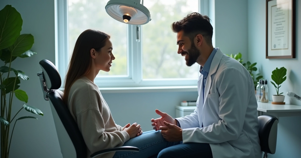 Paciente em consultório odontológico recebendo orientação do dentista 