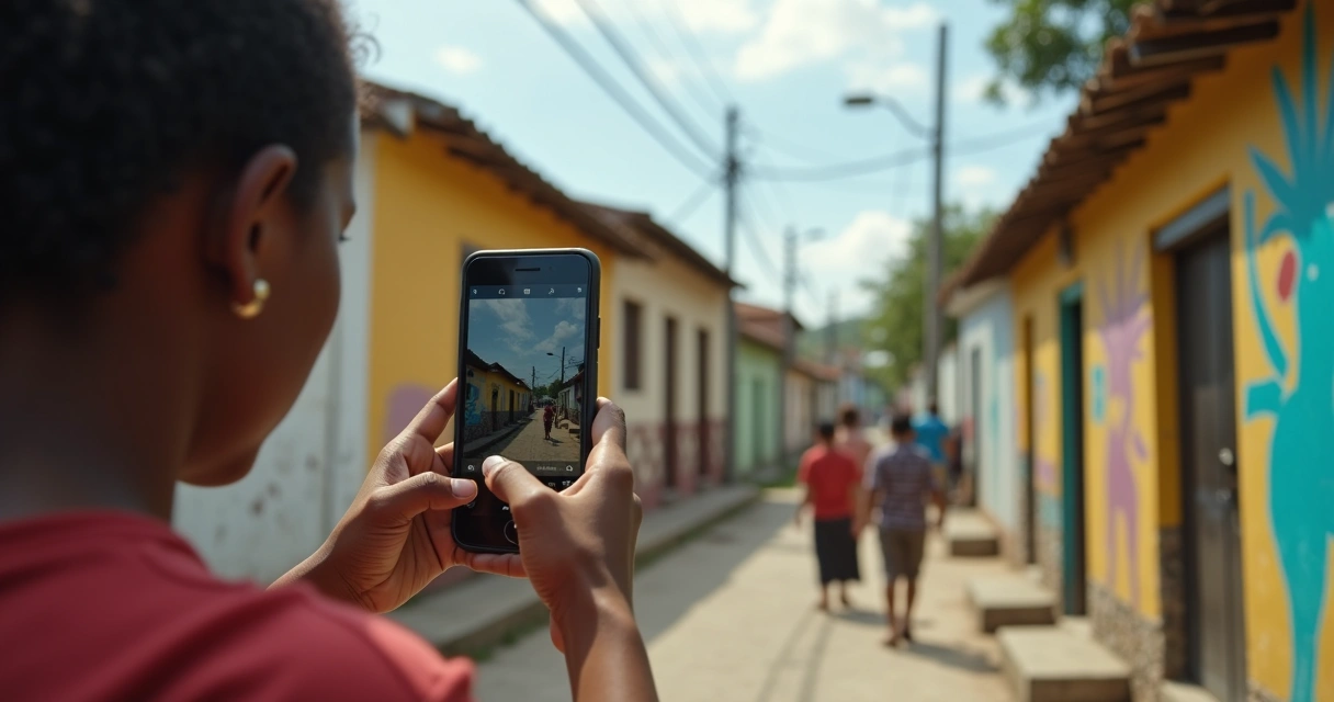 Pessoa gravando vídeo em bairro urbano com mural ao fundo 