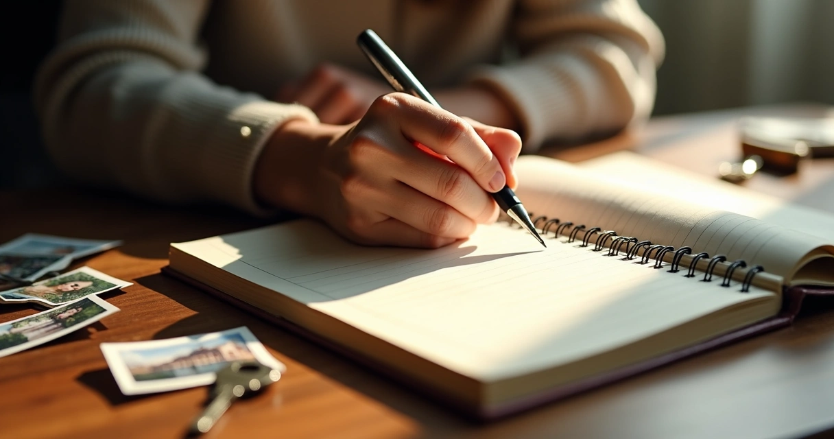 Persona escribiendo narrativa personal en un cuaderno 