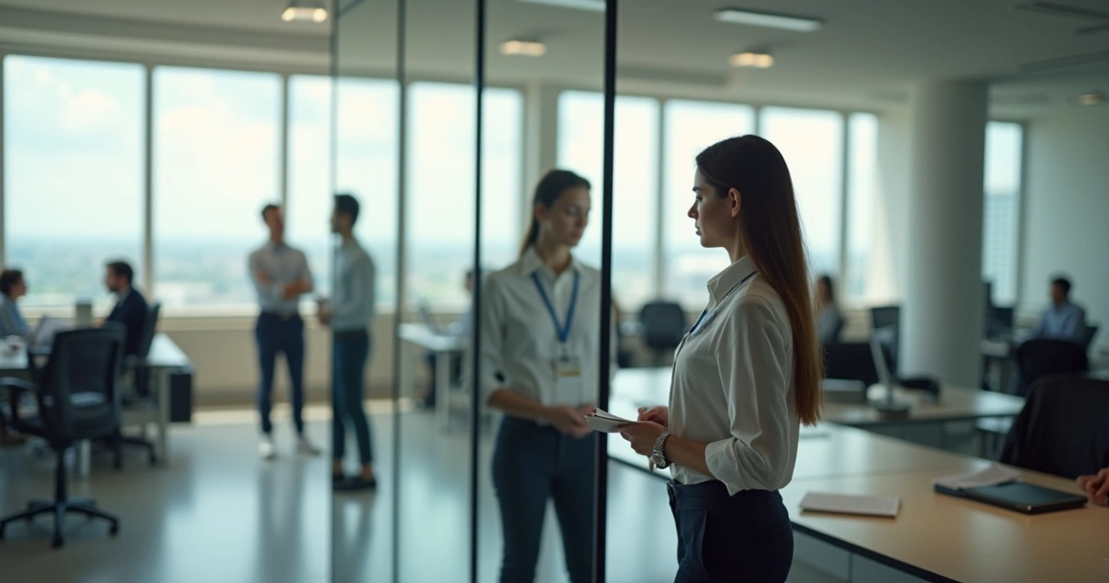 Profesional en oficina mirando su reflejo múltiple en espejos con distintas versiones de sí mismo 