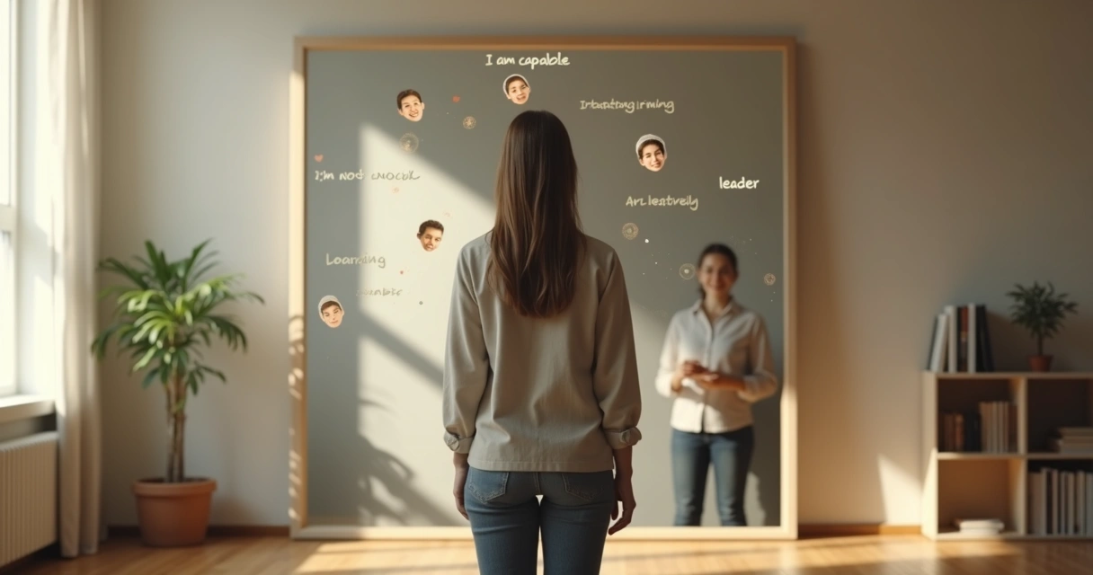 Pessoa refletindo diante de espelho com várias versões de si mesma ao redor 