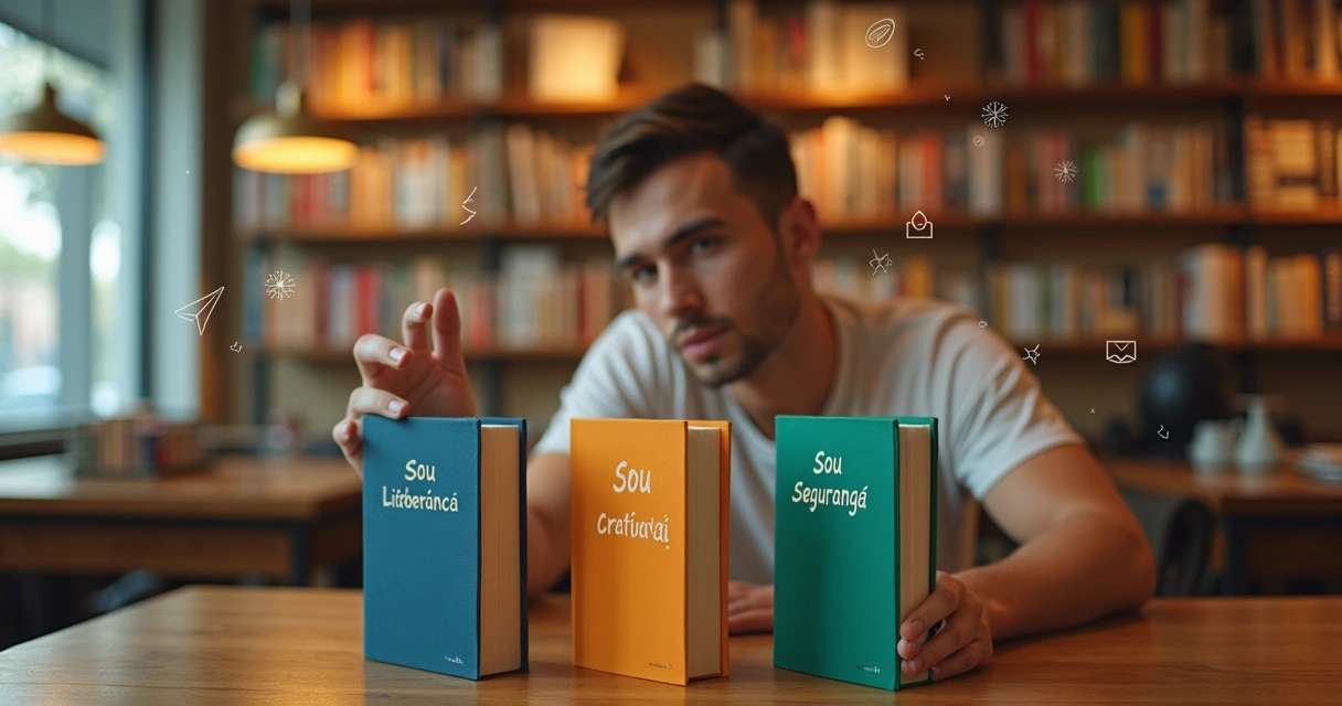 Profissional sentado em livraria moderna escolhendo entre livros de carreira 