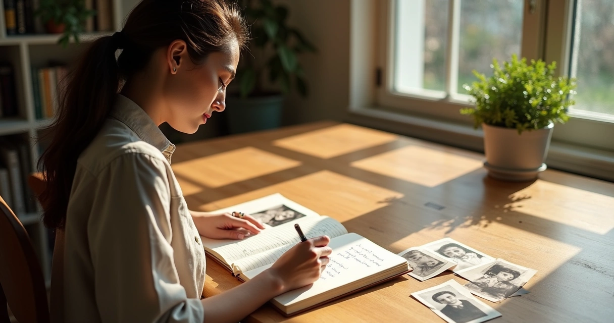 Pessoa escrevendo em caderno com linhas conectando memórias ao redor 