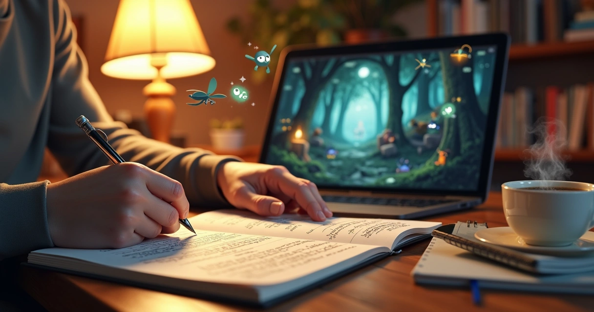 Pessoa escrevendo narrativas em um caderno com elementos de storytelling ilustrados ao redor, como personagens, conflitos e ambiente 