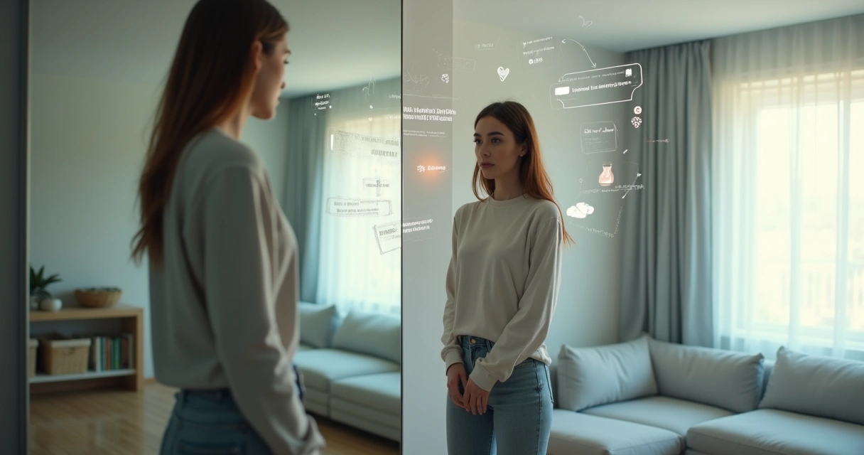 Persona frente al espejo rodeada de símbolos de narrativas colectivas 