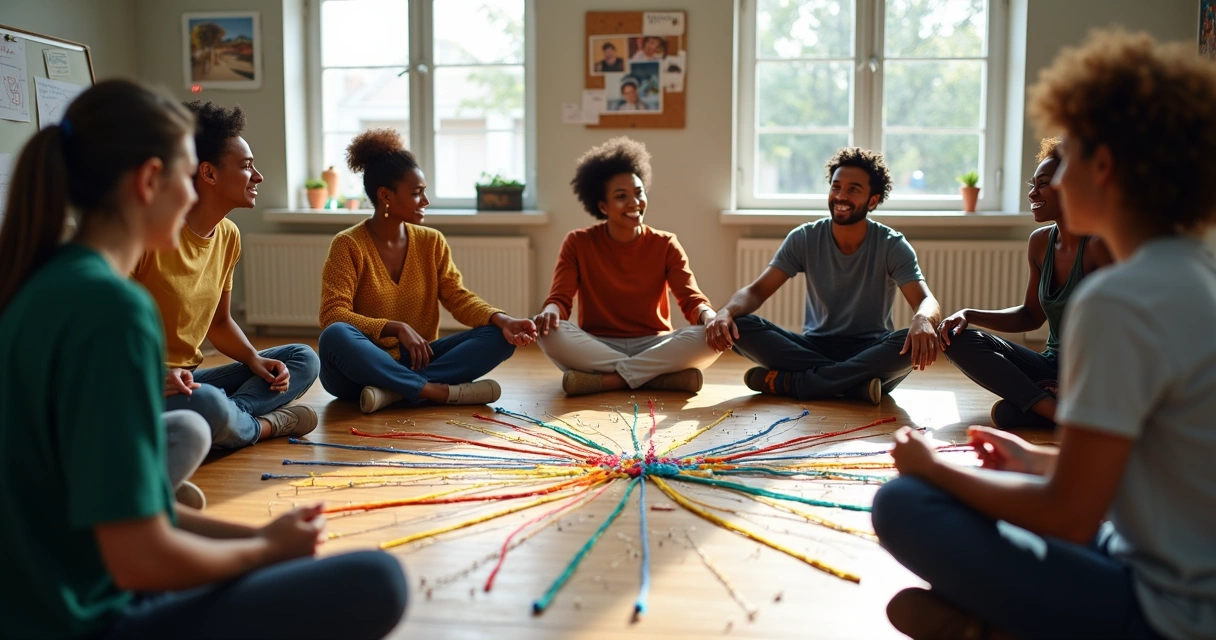 Grupo diverso em círculo conectando fios coloridos representando narrativas coletivas 