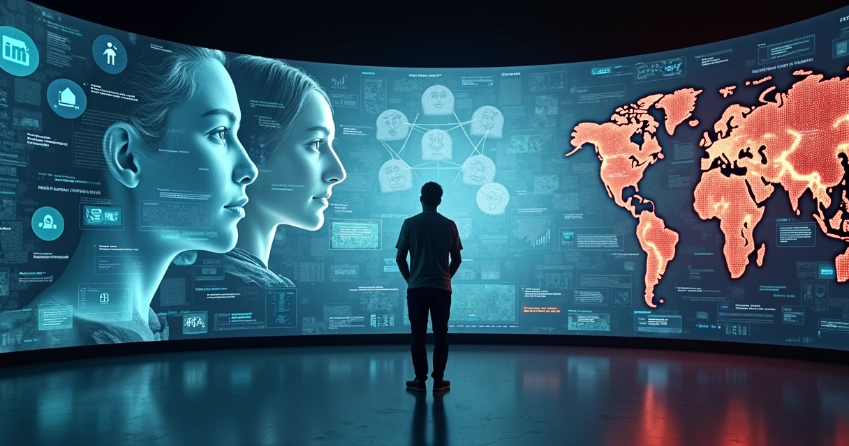 Pessoa observando mural digital com rostos e ícones representando narrativas coletivas impactando a saúde mental 