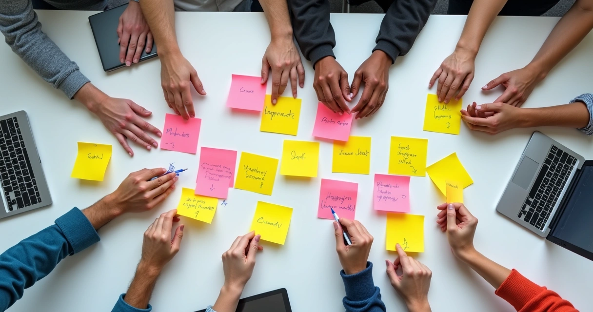 Pessoas escrevendo ideias em post-its coloridos 