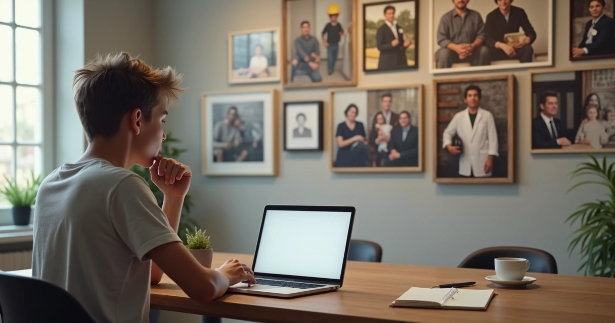 Jovem escolhendo caminho profissional diante de fotos da família na parede 