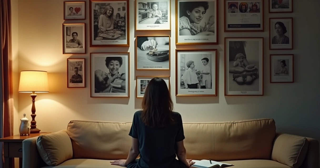 Adulto observando mural com memórias familiares misturadas a símbolos financeiros 