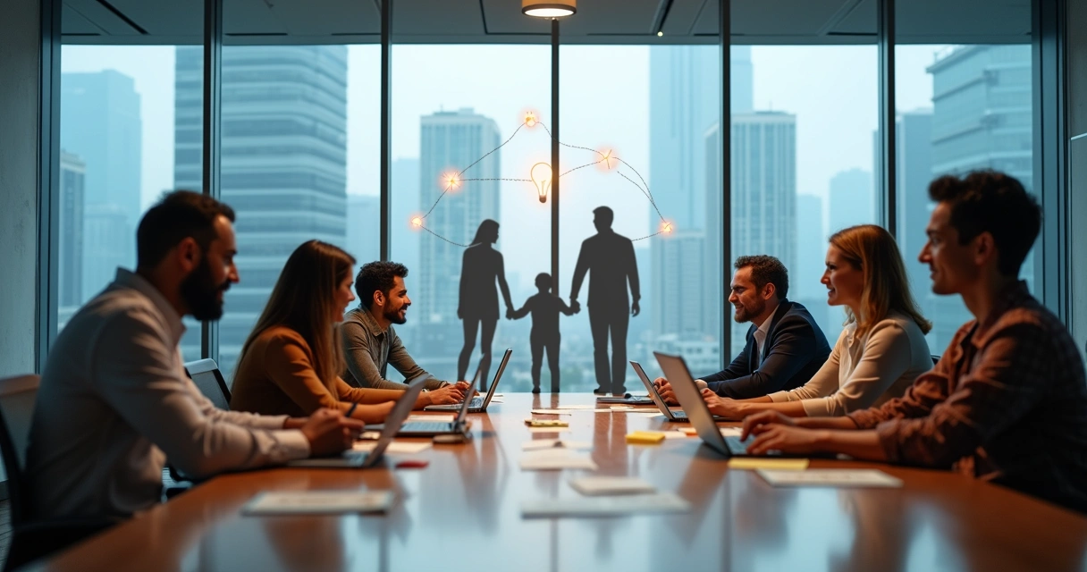Equipe em reunião com silhuetas de família sobrepostas em segundo plano 