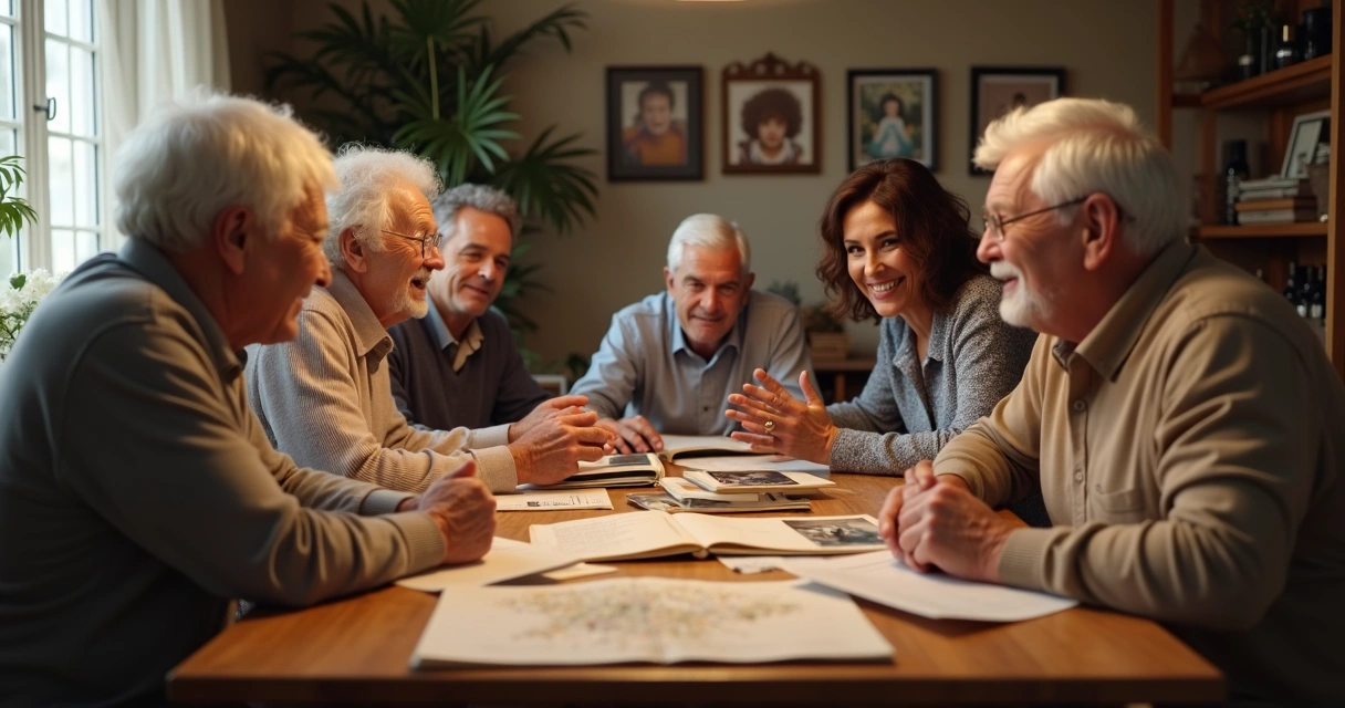 Familia de varias generaciones en una reunión conversando en una mesa amplia