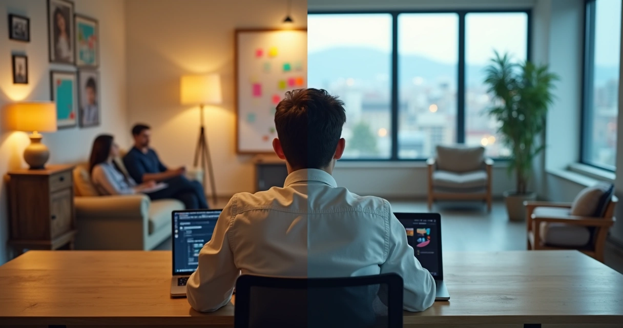 Fundador de startup dividido entre sala de reunião moderna e sala de estar familiar antiga 