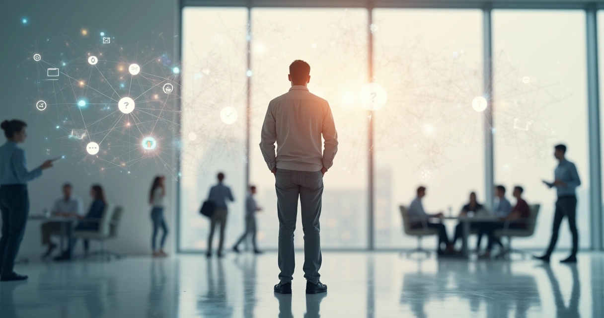 Pessoa em pé diante de uma multidão refletida em silhuetas e conexões, simbolizando impacto das narrativas internas nas relações sociais 