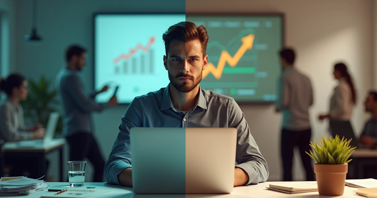 Profissional em escritório dividido entre pensamentos negativos e positivos afetando o trabalho 