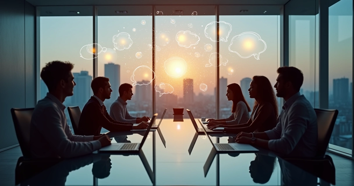 Silhouettes of people in an office surrounded by floating speech bubbles and abstract connections 