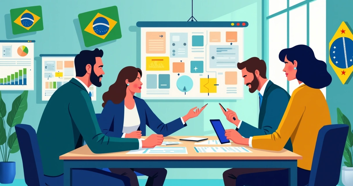 Equipe de comunicação reunida planejando narrativas para campanha eleitoral no Brasil