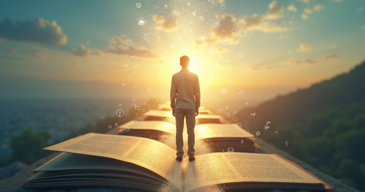 Person walking on a path of book pages emerging from the mind 