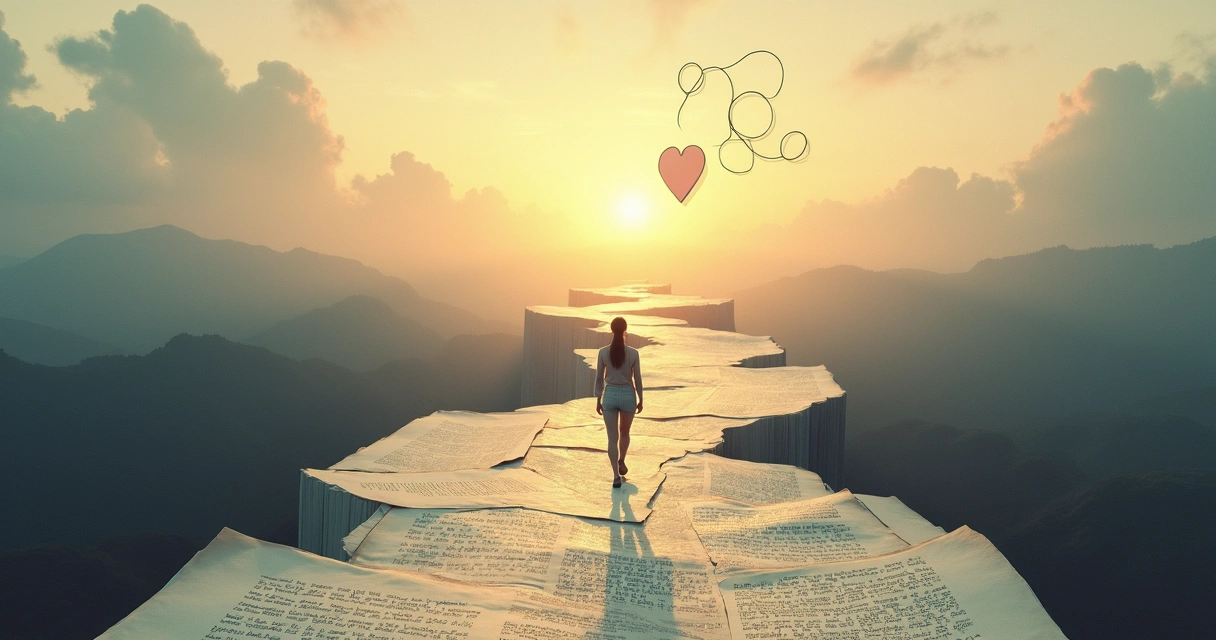 Person walking on a road made of overlapping book pages leading toward a bright horizon 