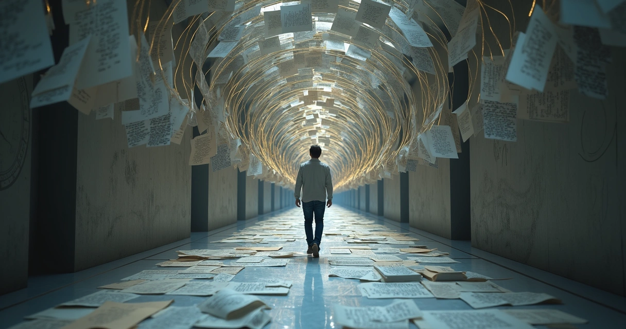 Person walking through corridor of floating story pages that transform into light 