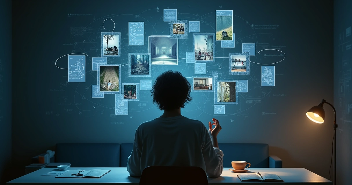 Person viewing a floating atlas of life scenes and timelines in a dim room 