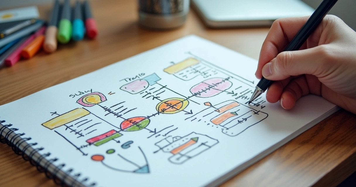 Hand-drawn timeline with life milestones and patterns highlighted