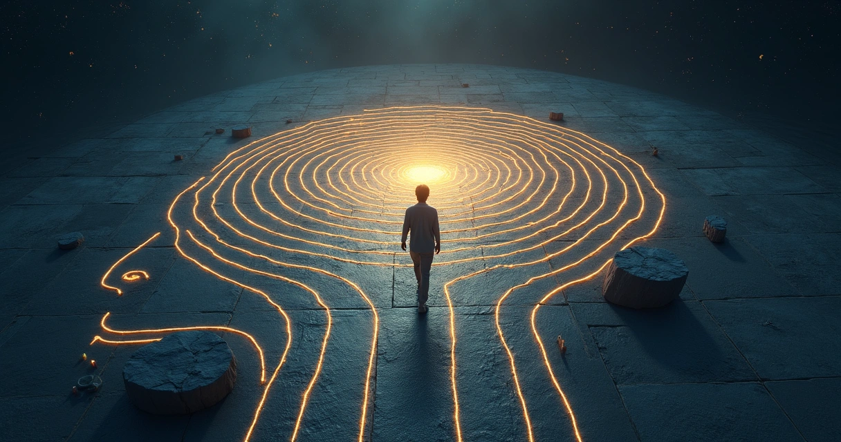 Person walking through a glowing labyrinth shaped like a human head 