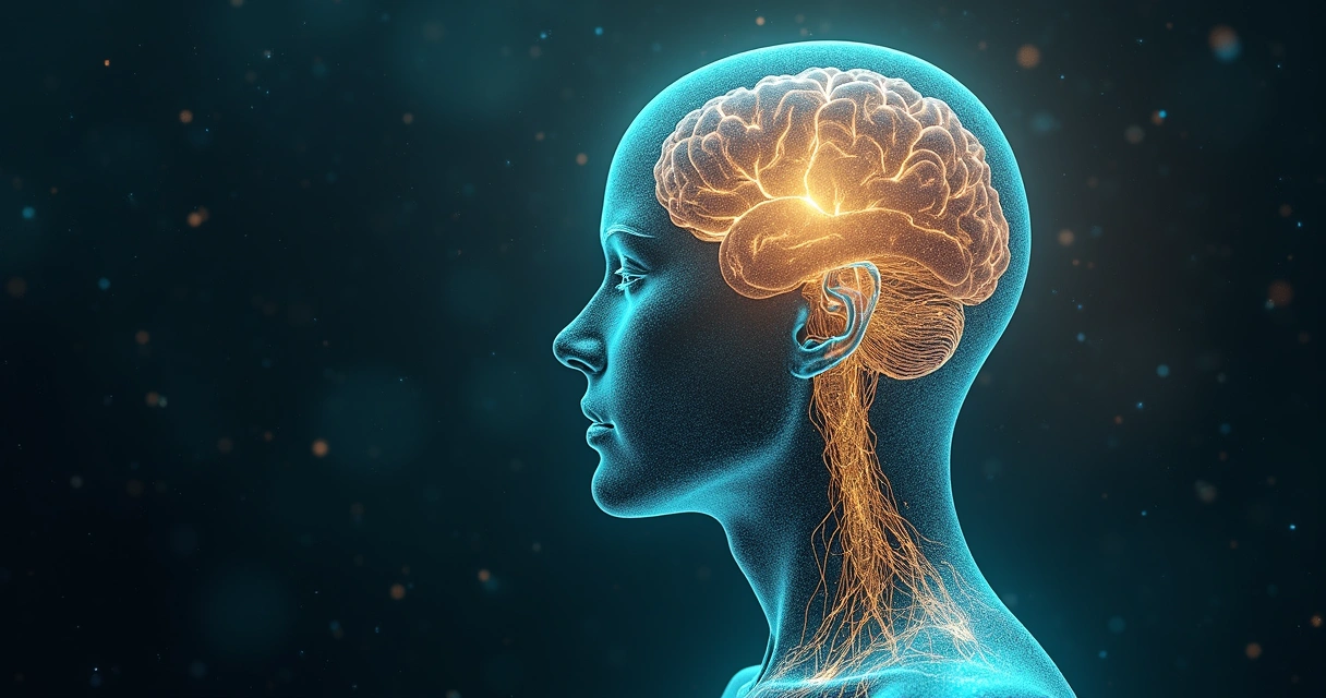 Human silhouette with layered selves connected by glowing narrative threads 