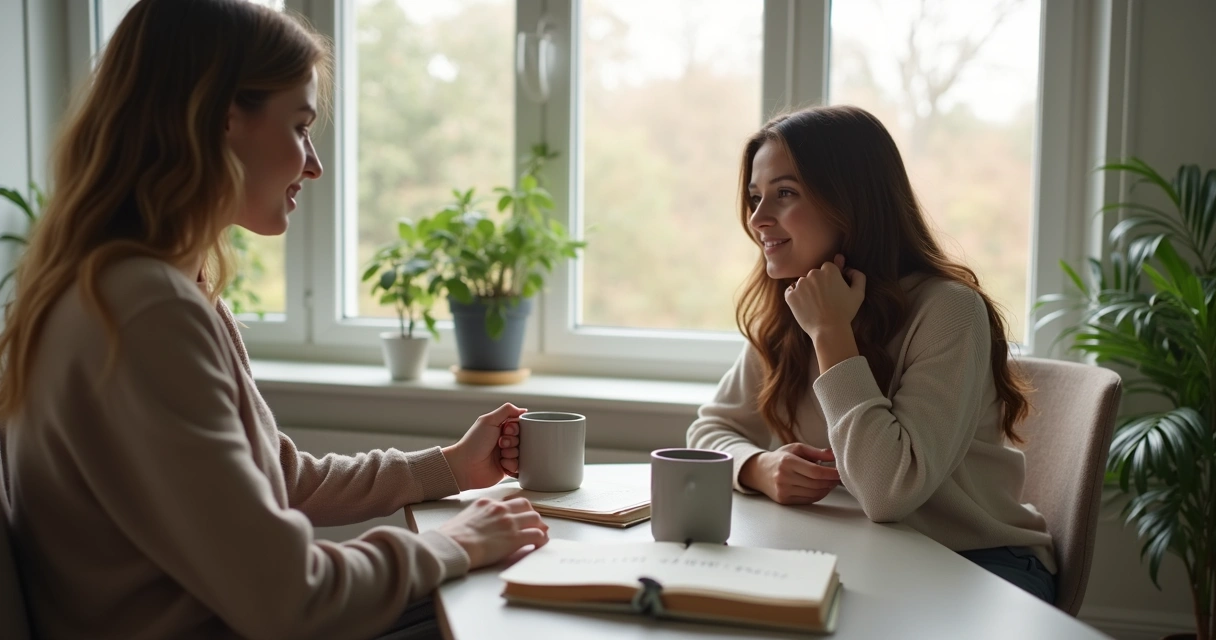 Therapist and client meet in a calm room with papers and books on a table. 